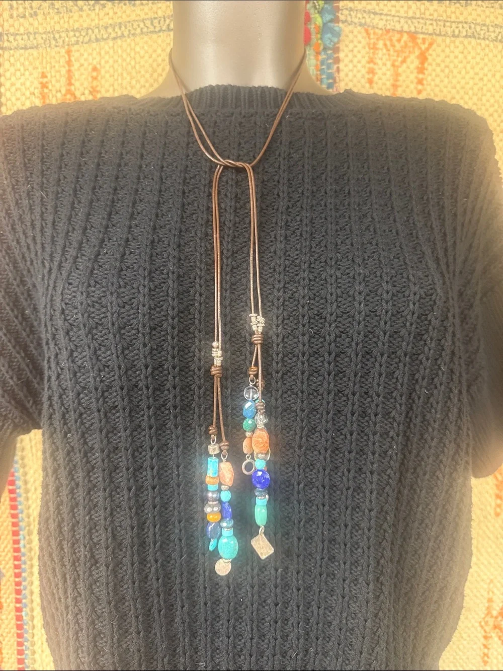 5 tassel lariat leather cord necklace. New with tags from Sundance.